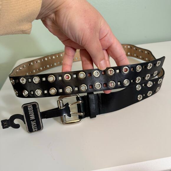 Steve Madden Fashion Grommet Belt Womens 1X Black Punk Gothic Vegan Leather NWT main image 6